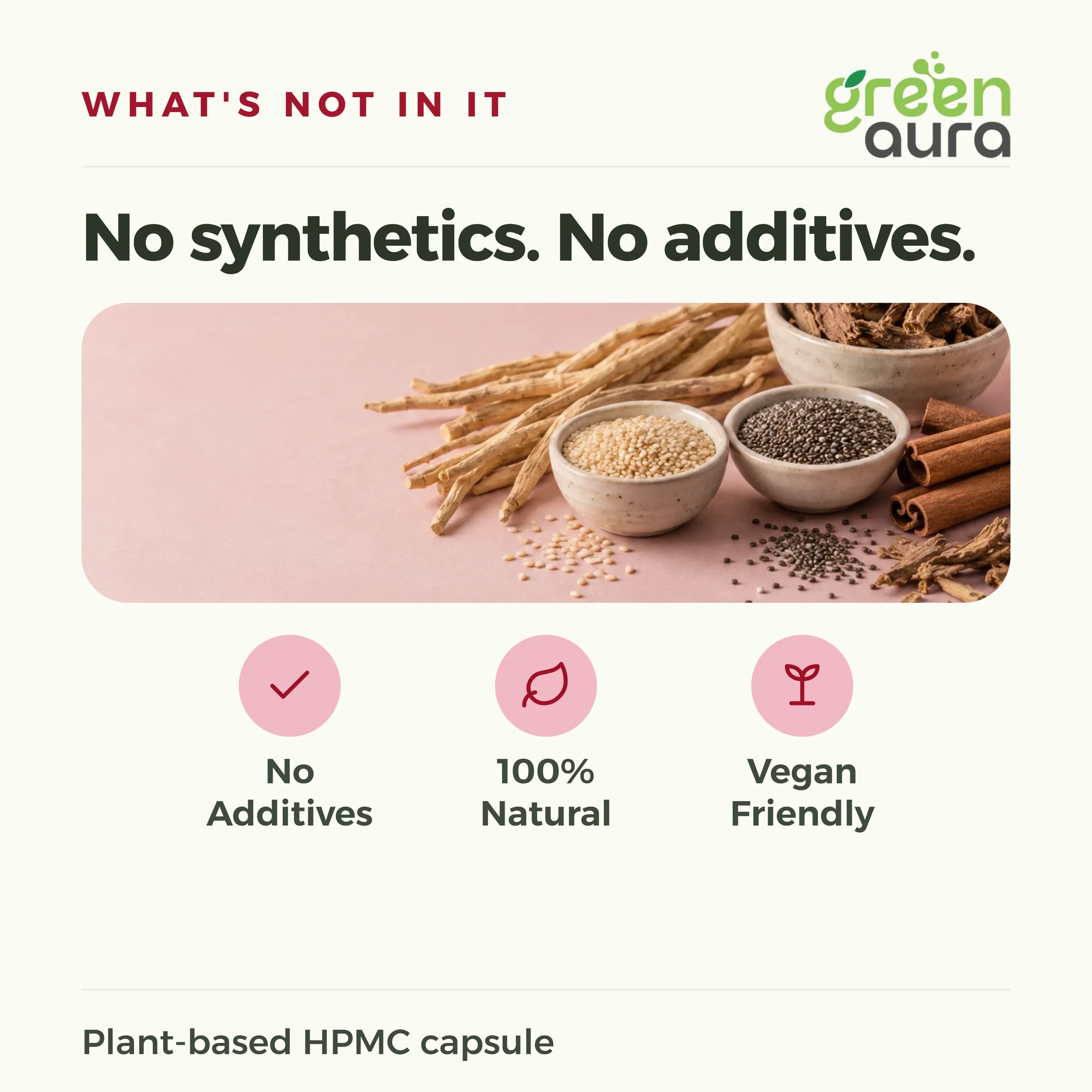 No synthetics, no additives: herbs and seeds with capsules, plant-based HPMC capsule